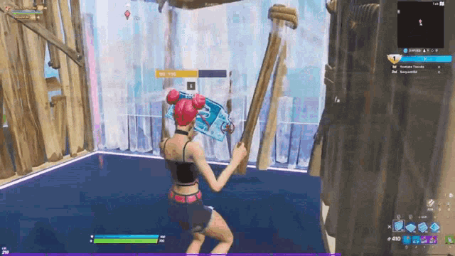 a screenshot of a video game shows a woman holding a hammer
