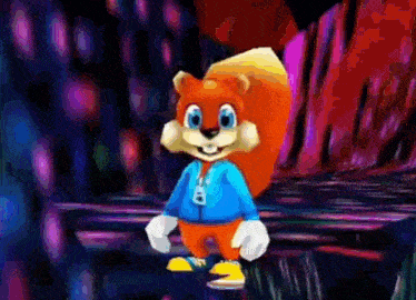a cartoon squirrel wearing a blue jacket with the letter b on it is standing in front of a colorful background .