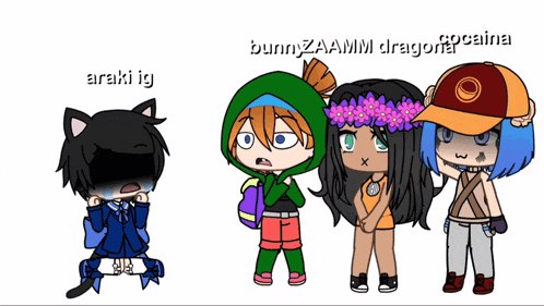 a group of cartoon characters including araki ig and bunnyzaamm dragon cocaine