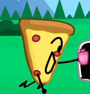 a cartoon drawing of a slice of pizza with arms and legs holding a pink cup .