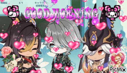 a picture of three anime characters with the words good morning surrounded by hearts