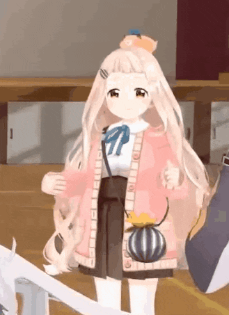 a girl with long blonde hair is wearing a pink cardigan and holding a pumpkin purse .