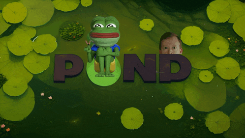 a frog sitting on a lily pad with the word pond behind him