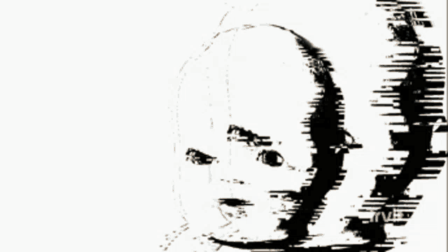 a black and white photo of a baby doll with a trvl logo in the corner
