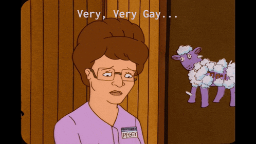 a cartoon of a woman with a name tag that says peggy on it