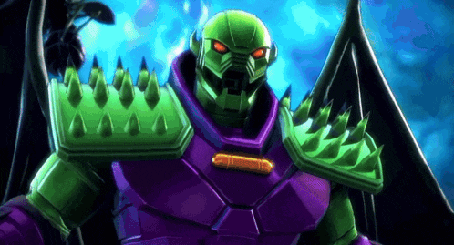a green and purple robot with spikes on its armor