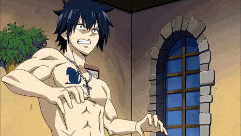 a shirtless anime character with a fairy tail tattoo