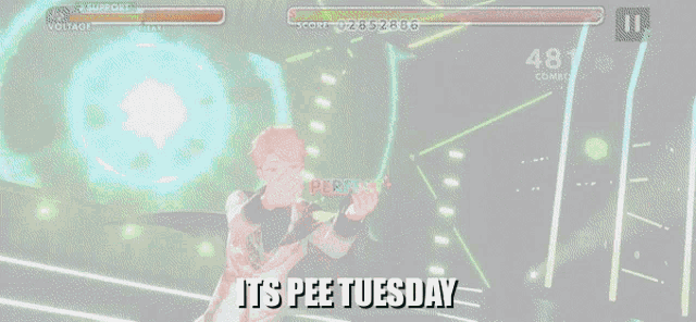 a video game character says it 's pee tuesday on the screen