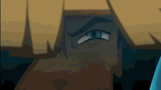 a close up of a cartoon character 's eye with a blue background