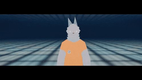 a white furry animal wearing an orange shirt with a sticker that says ' prisoner ' on it