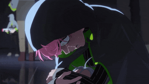 a pink haired anime character is crying with tears running down her face