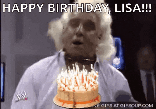 a man blowing out candles on a birthday cake with the words happy birthday lisa
