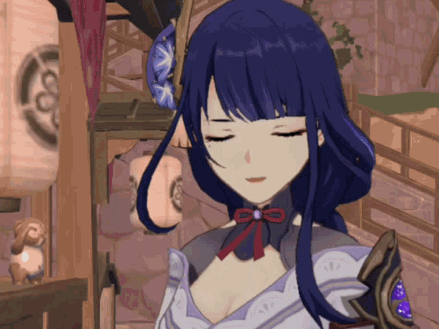 a girl with purple hair and a bow around her neck