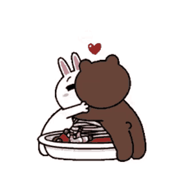 a cartoon rabbit and a brown bear are eating spaghetti together .