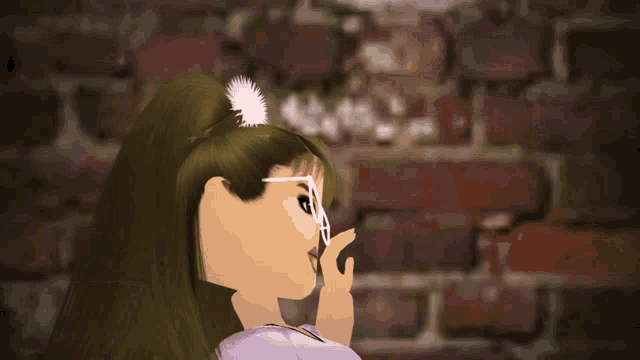 a cartoon girl wearing glasses and a ponytail is sitting in front of a brick wall