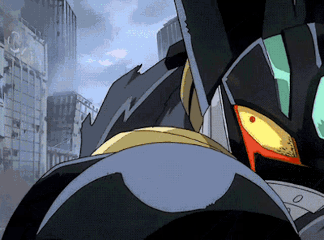 a cartoon drawing of a robot with a red eye and a yellow eye