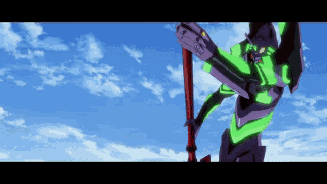 a green and purple robot is holding a red object