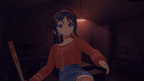 a girl in a red sweater and blue skirt is holding a microphone in a dark room