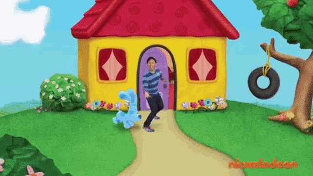 a cartoon of a man dancing in front of a yellow house with a nickelodeon logo on the bottom