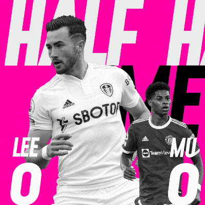 two soccer players on a pink background with the words half time on the top