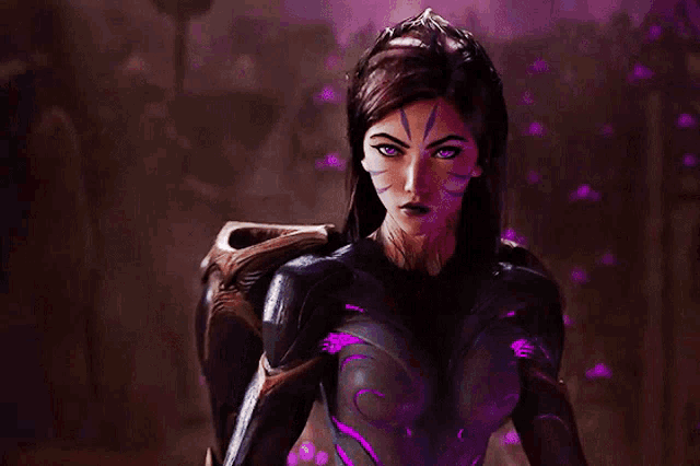 a woman with purple eyes is wearing a purple costume