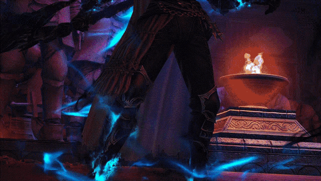 a person in a video game is holding a sword with a blue light coming out of it
