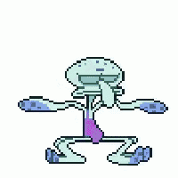 a pixel art of squidward from spongebob squarepants is holding a purple sword .