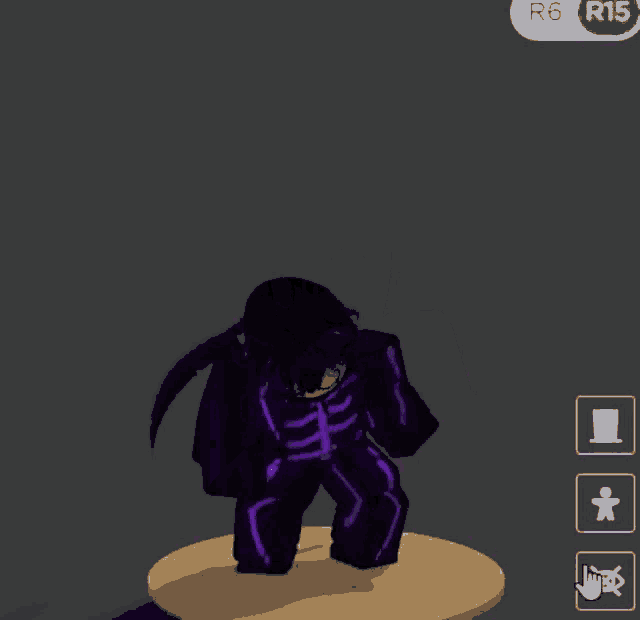 a person in a purple skeleton costume with r6 and r15 on the bottom right
