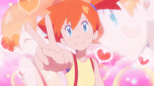 a girl with orange hair is giving a peace sign in a pink background