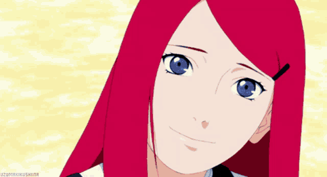 a close up of a girl with red hair and blue eyes with the caption uzumakikushina