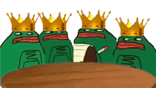 four green frogs with crowns on their heads are sitting at a table
