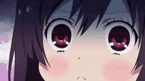 a close up of a girl 's face with big red eyes and a purple hair .