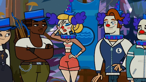 a group of cartoon characters including a man with the letter l on his shirt
