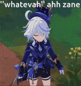a cartoon character with a sword and a top hat says " whatevah "