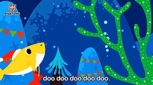 a cartoon of a shark wearing a santa hat with the words doo doo doo doo doo