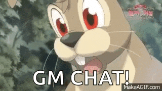 a cartoon rabbit with red eyes and the words `` gm chat ! ''