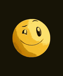 a yellow smiley face is smiling and looking at the camera with a black background .