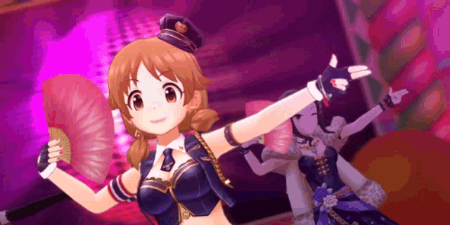 a cartoon girl is holding a fan in her hand while dancing on a stage .