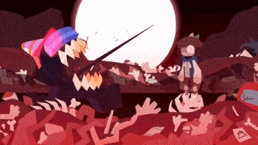 a cartoon drawing of a boy standing in front of a monster with a sword in its mouth