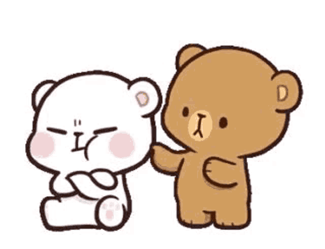 a couple of teddy bears are sitting next to each other and one of them is petting the other 's face .