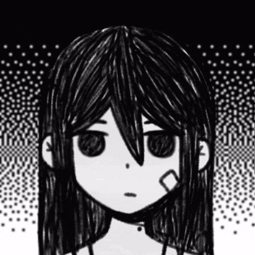 a black and white drawing of a girl with a square on her face