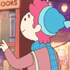 a cartoon character standing in front of a sign that says ' books '