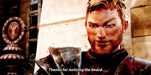 a man in armor says thanks for noticing the beard in a video game