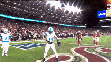 a football player with the number 14 on his jersey stands on the field