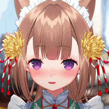 a close up of a girl with purple eyes wearing a maid outfit
