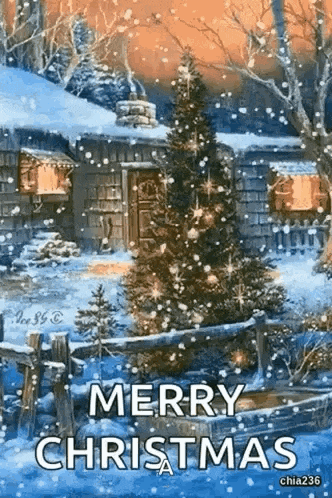 a merry christmas greeting card with a christmas tree in front of a house in the snow .