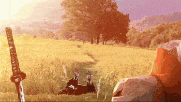 a painting of a field with trees and a sword