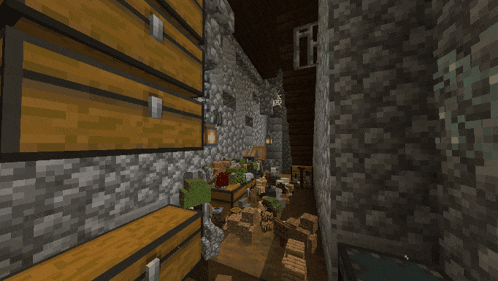 a screenshot of a minecraft game shows a room with lots of chests