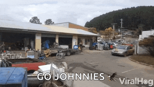 a bunch of cars are parked in front of a building that says " go johnnies "
