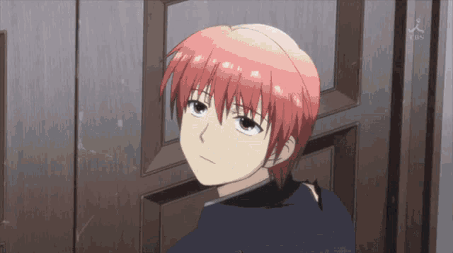 a boy with red hair is standing in front of a door that says tbs on it